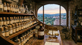 A perfumer's organ in an old Grasse workshop, featuring numerous glass vials with handwritten labels, a small brass scale, and a dark amber glass bottle of Bakuchi oil, with a window in the background looking out over rolling hills at dusk.