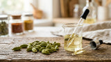 A macro photograph of green cardamom pods on a weathered wooden surface, with a glass beaker of pale yellow cardamom oil and a pipette nearby. Natural light illuminates the textures of the pods and the liquid.
