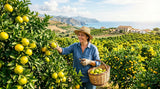 A sun-drenched bergamot orchard in Calabria, Italy, with ripe fruits ready for harvest. Focus on the vibrant colors of the bergamot and the lush greenery of the landscape. Show a worker gently harvesting the fruit.