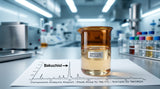 A macro photograph focusing on a glass beaker containing a pale amber, viscous liquid (representing high-purity Bakuchiol 99%). Next to the beaker is a printout of a GC-MS chromatogram with a large, distinct peak labeled 'Bakuchiol'. The background is a slightly blurred, modern analytical chemistry laboratory bench with stainless steel equipment and glass vials, lit by cool, clean fluorescent light.