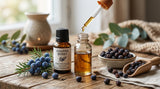 Close-up shot of Juniper Berries, both fresh and dried, with a bottle of Juniper Berry Essential Oil and a dropper. Soft, natural lighting.