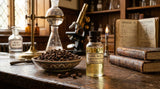 A detailed macro photograph of dried clove buds and a clear glass vial containing pale yellow clove oil, set against a backdrop of a vintage chemistry lab with brass instruments and old notebooks, warm ambient light