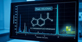 A close-up scientific view of a gas chromatogram chart showing a sharp peak labeled Helional, overlaid with the chemical structure of alpha-methyl-1,3-benzodioxole-5-propanal, on a modern laboratory screen with blue-toned backlighting