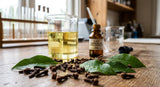 Close-up photograph of dried clove buds and green clove leaves scattered on a laboratory bench, with a glass beaker containing a pale yellow essential oil in the background, natural light, shallow depth of field