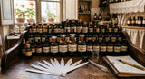 An close-up photograph of a vintage dark wood perfumer's organ (desk) holding dozens of small, glass bottles with handwritten labels. A few blotters (smelling strips) are fanned out in the foreground. The lighting is soft and warm, suggesting a quiet, creative workshop atmosphere in Grasse.