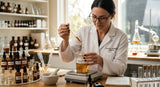 A close-up laboratory scene showing a perfumer in a white coat carefully adding a drop of viscous, amber-colored Kewra absolute from a glass pipette into a complex mixture in a beaker, surrounding glass vials and equipment, focused expression, soft background blur