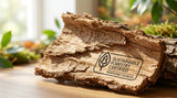Close-up of sandalwood bark with sustainable forestry certification logo visible. Soft, natural lighting.