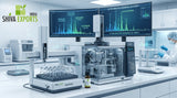 High-tech laboratory setup showing a gas chromatography-mass spectrometry instrument with glass vials and computerized mass spectrum readouts, clinical lighting, cleanroom aesthetics