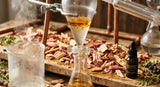 A macro photograph of steam distillation, showing the interface where essential oil droplets separate from water, with a background of freshly chipped cedarwood, warm lighting