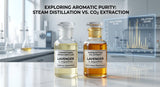 A side-by-side visual comparison of two high-end glass vials. The left vial contains a conventional steam-distilled essential oil (e.g., pale yellow, slightly cloudy). The right vial contains a CO2 extract (e.g., deeper amber, crystal clear, visually richer). They are placed on a reflective surface in a clean laboratory setting, with a subtle GC-MS chromatogram graph in the background showing more peaks for the CO2 extract. Natural, bright lighting.