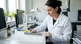 A close-up photograph of a regulatory expert in a clean white lab coat, analyzing a GC-MS chromatogram printout for helichrysum italicum oil. They are using a ruler to measure a specific peak. The background is slightly blurred but shows laboratory equipment and a glass bottle labeled 'Helichrysum Italicum Oil'. Natural daylight from a large window illuminates the scene.