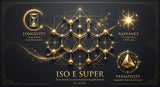 A premium, stylized infographic with a dark charcoal background and metallic gold accents. It displays the molecular structure of ISO E SUPER (Tetramethyl acetyloctahydronaphthalenes) as interconnected geometric spheres. Surrounding the molecule are abstract, glowing lines and icons representing 'Longevity', 'Radiance', and 'Versatility', with subtle text labels in a sophisticated serif font.