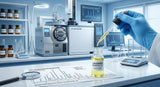A sophisticated laboratory setting with a Gas Chromatography-Mass Spectrometry (GC-MS) instrument in the background. In the foreground, a clear glass vial containing a pale yellow essential oil is positioned next to a printed GC chromatogram showing numerous peaks. A gloved hand holds a pipette over the vial, under cool, precise laboratory lighting.