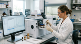 A close-up shot of a lab technician performing GC-MS analysis on a sandalwood oil sample. The image should convey precision and scientific rigor.