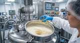 A close-up photograph in a sophisticated cosmetic manufacturing facility. A stainless steel mixing vessel is actively blending a creamy, off-white emulsion. A technician, wearing blue nitrile gloves, is carefully adding a measured amount of pale golden Bakuchiol liquid from a smaller beaker into the vortex of the mix. The lighting is bright and clean, emphasizing the precise nature of the process. In the background, there are control panels with digital readouts.