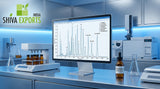 A highly detailed, clean graphic of a gas chromatography mass spectrometry (GC-MS) monitor displaying sharp, separated chromatographic peaks, in a modern clinical laboratory setting with stainless steel equipment and soft blue background lighting