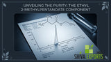 A close-up shot of a gas chromatography printout showing a sharp, isolated peak for ethyl 2-methylpentanoate, overlaid with a clean, semi-transparent molecular structure diagram, set on a dark slate background