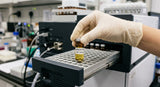 A detailed close-up of a chemist's gloved hand holding a small, amber glass vial containing a light yellow liquid (representing the bakuchiol product sample). The hand is placing the vial into a sample tray of a high-performance liquid chromatography (HPLC) system, partially visible in the background. The scene is illuminated by practical laboratory lighting, with a focus on the precision and careful handling of the sample.