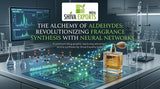 A conceptual illustration of a digital neural network interface overlaying a laboratory bench, with glowing data streams connecting chemical structures of aldehydes to a glass bottle of perfume, high-tech laboratory aesthetic