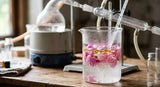 A macro photograph of *Rosa damascena* petals floating in a glass beaker during a steam distillation process. Droplets of clear essential oil are visibly separating from the milky condensate. The lighting is soft and directional, emphasizing the delicate textures and the separation of phases. Scientific glassware and a thermometer are partially visible in the background.