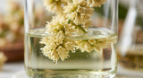 A macro photograph capturing the delicate, pale yellow male flowers of the Pandanus odoratissimus (Kewra) plant, partially submerged in a solvent bath during the initial stages of concrete extraction, soft natural light, shallow depth of field