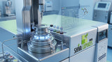 Macro photograph of a gas chromatography mass spectrometer injection port in a modern analytical chemistry lab, soft blue led lighting, clinical and precise atmosphere
