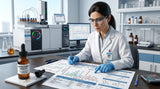 A chemist in a white lab coat examining a GC-MS report in a laboratory, with a vial of Jasmine Sambac Absolute in the foreground. Focus on the details of the report and the scientific equipment.