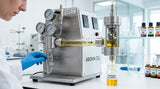close-up shot of a CO2 extraction machine in a clean, modern lab setting, with a focus on the flow of CO2 and the resulting extract. The scene should convey scientific precision and natural purity.