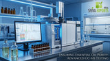 A scientific laboratory setting with a high-end gas chromatography-mass spectrometry GC-MS machine, illuminated by cool blue LED light, with clean glassware and amber vials containing clear liquids on a stainless steel bench, highly detailed, photorealistic