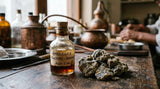 A detailed close-up shot on a perfumer's workbench in Kannauj, featuring a small, antique glass vial labeled 'Ambergris Tincture' next to a pile of raw, aged grey ambergris. Soft, diffused morning light illuminates the scene, highlighting the texture of the ambergris and the rich color of the liquid. In the blurred background, other copper distillation vessels are visible. Photorealistic style, shallow depth of field.