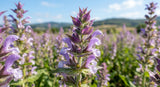 A detailed close-up shot of the purple and green flowers of Salvia sclarea, with tiny, translucent oil droplets visible on the calyxes and leaves. The lighting is natural and bright, highlighting the texture of the plant. The background is a gently blurred field of clary sage under a clear blue sky, suggesting a vibrant and healthy ecosystem.