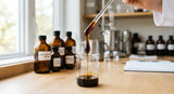A macro photograph capturing the viscous, dark reddish-brown resin of Balsam of Peru slowly dripping from a glass rod into a clear beaker in a laboratory setting. The background is softly blurred with stainless steel equipment and amber bottles, emphasizing the rich texture of the resin. Natural light from a window illuminates the scene.