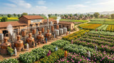 Wide shot of a large essential oil distillation plant in Kannauj, India, showing the equipment and the surrounding fields of aromatic plants.