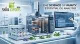 High-tech laboratory setup showing a gas chromatography-mass spectrometry instrument with glass vials and computerized mass spectrum readouts, clinical lighting, cleanroom aesthetics