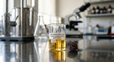 A macro photograph capturing a single, clear glass beaker containing a pale golden, viscous liquid, which is 99% pure Bakuchiol. The beaker sits on a reflective lab surface next to a small, dark purple Psoralea corylifolia seed pod. Soft, diffused laboratory light highlights the clarity and color of the liquid. The background is a gently blurred research environment with stainless steel equipment.