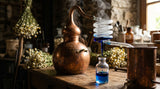A macro photograph capturing the steam distillation process of German chamomile. Wisps of blue-tinted steam rise from a copper alembic, condensing into deep blue droplets that fall into a glass receiver. The background is a gently blurred, rustic distillery setting with bundles of dried chamomile flowers. Warm, directional light highlights the rich blue color of the oil.