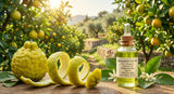 A macro photograph of fresh bergamot fruit and peels, showing the distinct texture of the rind. Next to them is a clear glass vial containing a light, golden-green liquid, labeled 'Bergamot FCF Oil'. The background is a gently blurred sun-drenched Italian citrus grove, emphasizing the natural origin and sun-safe application.
