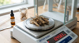 Macro photograph of raw, dried vetiver roots resting on a stainless steel laboratory scale, precise scientific setting, soft natural lighting, high detail