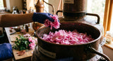 A macro photograph of delicate pink Rosa centifolia petals being carefully layered into a large, copper solvent extraction vessel, bathed in warm, diffused afternoon light. The image captures the texture of the petals and the industrial, yet crafted feel of the extraction process, shallow depth of field.