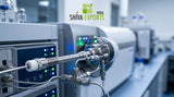 Macro photograph of a high-performance liquid chromatography column connected to a mass spectrometer, with glowing blue and green status lights, polished stainless steel tubes, clinical laboratory environment, shallow depth of field