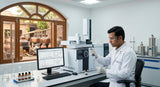 A sophisticated laboratory setup in Kannauj, India, showing a scientist in a white coat analyzing a sample of essential oil using a gas chromatography-mass spectrometry (GC-MS) machine. In the background, traditional Indian copper distillation pots (degs and bhapkas) are visible through a window, contrasting ancient tradition with modern science. The lighting is precise and clean.