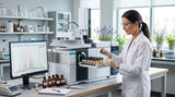 An image showcasing a laboratory setting with GC-MS equipment in operation, with a focus on quality control and analysis of essential oils.