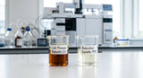 A macro photograph in a chemistry lab showing two glass beakers on a white surface. The first beaker contains a dark, viscous, amber-colored liquid labeled 'Cold-Pressed Bakuchi Oil'. The second beaker contains a crystal-clear, slightly pale yellow, free-flowing liquid labeled 'Bakuchiol Isolate 99%'. In the background, out of focus, is a gas chromatography machine.