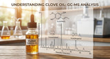 A printout of a GC-MS chromatogram with multiple peaks and chemical structures overlaying a close-up image of a glass vial filled with golden clove oil, set against a blurred background of lab equipment, warm lighting