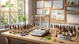 A professional perfumer laboratory bench with amber bottles, glass pipettes, a precision scale, and modern chromatography printouts in the background, warm natural light filtering through a window