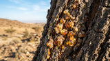 Close up shot of frankincense resin tears on a Boswellia tree, focus on the texture and color of the resin, background blurred but showing the arid landscape