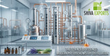Industrial stainless steel distillation columns inside a modern phytochemistry processing facility, copper pipes, pressure dials, clean and clinical environment