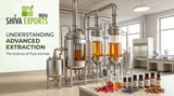 Industrial solvent extraction apparatus in a modern botanical processing facility, stainless steel pipes, glass viewing window showing amber-colored liquid extract, technical laboratory setting