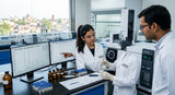 A modern laboratory setting in Kannauj, India, with scientists in lab coats analyzing jasmine absolute samples using sophisticated GC-MS equipment. Focus on the precision and technology involved in quality control.