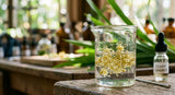A macro photograph capturing the delicate, pale yellow male flowers of the Pandanus odoratissimus (Kewra) plant, partially submerged in a solvent bath during the initial stages of concrete extraction, soft natural light, shallow depth of field